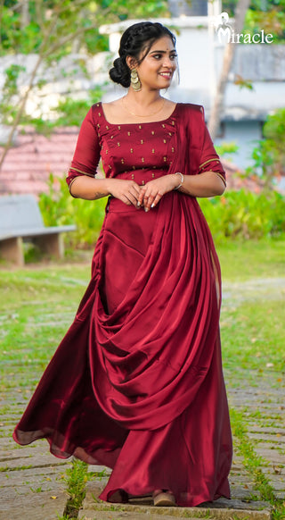 Buy Adorable Maroon Color Wedding Wear Georgette Embroidered Work Gown  Dupatta | Lehenga-Saree